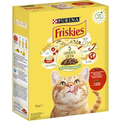 Корм для кошек Friskies 1 кг для взрослых, говядина, курица, печень