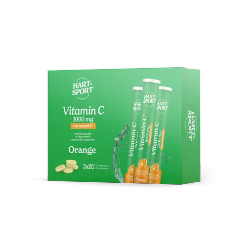 Витамин С Hart-Sport 1000 мг - шипучие таблетки с витамином С, апельсиновый вкус, 3 x 20 шипучих таблеток. Семейная упаковка.