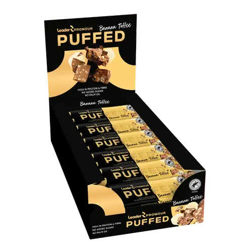 Leader Promour Puffed Banana Toffee — протеиновый батончик с бананом и ириской 24 x 40 г — дата 12/2025