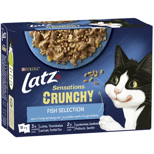 Корм для кошек Latz 10 x 85 г + 40 г Sensations Crunchy Fish, ассорти из рыбы в желе