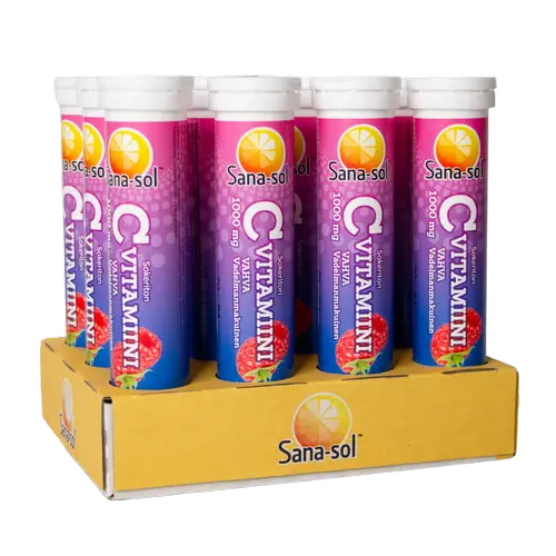 Sana-Sol C-Vitamin шипучие таблетки со вкусом малины, 12 x 20 шипучих таблеток. Семейная упаковка