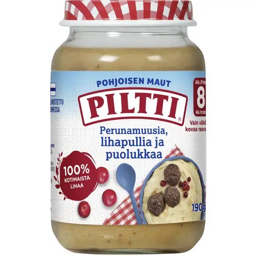 Детское питание Piltti 190 г. Северные вкусы. Картофельное пюре с фрикадельками и луком-пореем. 8 месяцев.