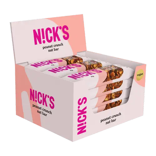Ореховый батончик Nick's с арахисовым хрустом — 12 ореховых батончиков по 40 г, оптовая упаковка — дата 03/2026