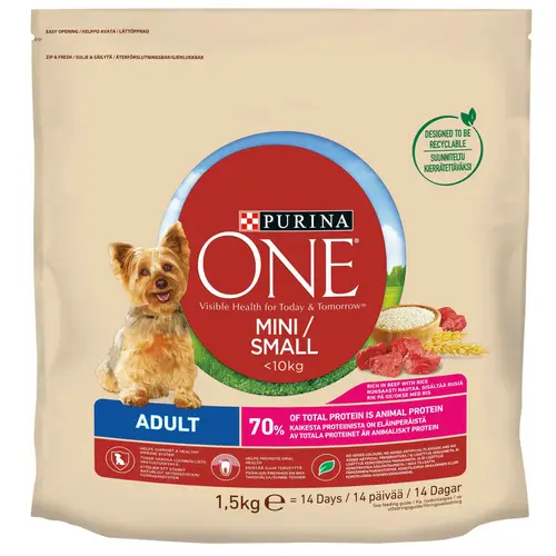 Корм для собак Purina One 1,5 кг для взрослых собак мелких пород, говядина + рис