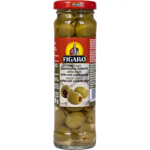 Зелёные оливки Фигаро 142 г / 85 г с начинкой из паприки
